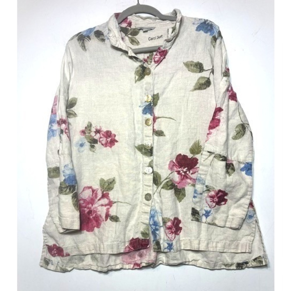 John Mark Womens Linen Floral Button Up Shirt Beige Pink Blue Size L